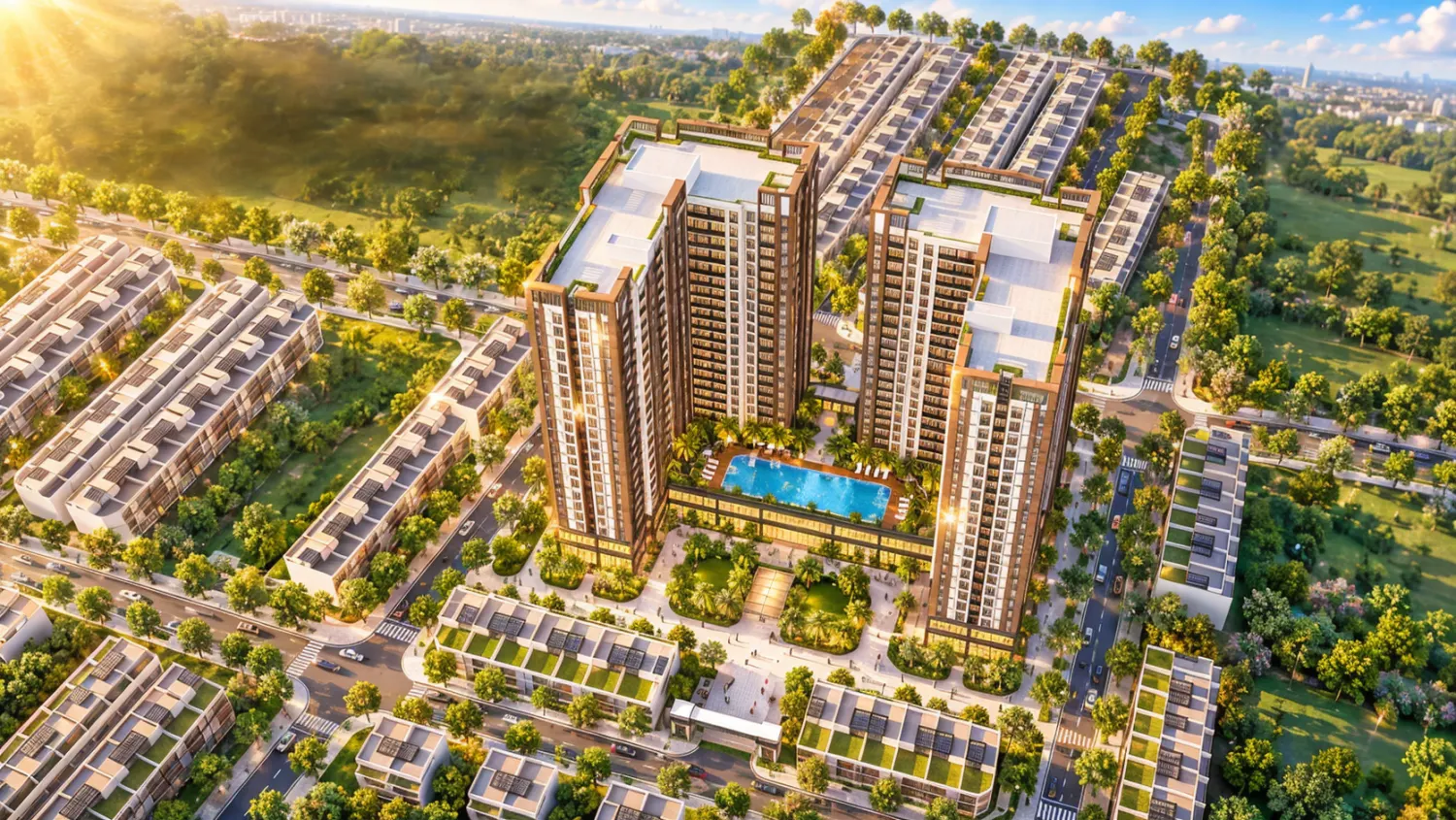 Phối cảnh tổng thể – 2 tòa tháp giữa mảng xanh